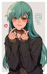 Rule 34 | 1girl, blazer, blue eyes, blue hair, blush, dated, hair between eyes, hair ornament, hairclip, heart, highres, jacket, kantai collection, long hair, long sleeves, looking at viewer, one-hour drawing challenge, pointing, pointing at self, school uniform, simple background, solo, sumoffu, suzuya (kancolle), twitter username, upper body