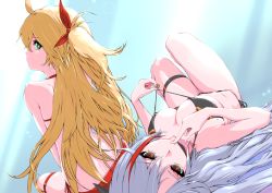 Rule 34 | 2girls, admiral hipper (azur lane), ahoge, azur lane, bikini, bikini pull, black bikini, blonde hair, breasts, brown eyes, cleavage, clothes pull, commentary request, finger to mouth, flag print, from behind, german flag bikini, green eyes, grey hair, hair ribbon, large breasts, long hair, looking at viewer, lying, mole, mole on breast, multicolored hair, multiple girls, on bed, p.i.t.d, prinz eugen (azur lane), prinz eugen (unfading smile) (azur lane), red bikini, red ribbon, ribbon, side-tie bikini bottom, sitting, skindentation, streaked hair, swimsuit, thigh strap, two side up