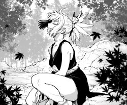 Rule 34 | 1girl, bare shoulders, breasts, choker, closed eyes, dr. stone, dress, feet out of frame, greyscale, kohaku (dr. stone), leaf, long hair, medium breasts, monochrome, ponytail, protected link, smile, solo, suji niku (sjnk d), thighs, tree, water