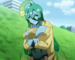 Rule 34 | 1boy, 1girl, animated, animated gif, between breasts, blonde hair, blue skin, breasts, colored skin, dominate female, face between breasts, green eyes, green hair, head between breasts, hug, huge breasts, large breasts, looping animation, monster girl, monster musume no iru nichijou, slime girl, suu (monster musume), third-party edit, wrapped up