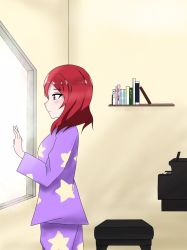 Rule 34 | 1girl, artist name, artist request, blush, book, book shelf, chair, female focus, hair between eyes, highres, instrument, looking at viewer, love live!, love live! school idol festival, love live! school idol project, monju island, nishikino maki, pajamas, parted lips, piano, purple eyes, purple pajamas, red hair, room, short hair, smile, solo, star (symbol), star print, window