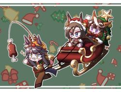 Rule 34 | 3girls, air groove (are you merry?) (umamusume), air groove (umamusume), animal costume, animal ears, bandaid, bandaid on face, bandaid on nose, bell, black hair, blue eyes, box, brown hair, candy, candy cane, carrot on stick, chest harness, chibi, christmas tree costume, clenched hands, closed mouth, food, gift, gift box, harness, hat, holding, holding reins, holly, horse ears, horse girl, horse tail, korean commentary, multiple girls, narita brian (umamusume), neck bell, open mouth, purple eyes, red headwear, reindeer costume, reins, santa hat, short hair, sitting, sleigh, smile, sparkle, symboli rudolf (christmas emperor tree) (umamusume), symboli rudolf (umamusume), tail, taisaaa, umamusume, yellow eyes