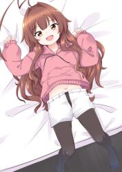 Rule 34 | 1girl, ahoge, bed, black pantyhose, brown eyes, brown hair, cowboy shot, fang, female focus, from above, hood, hooded sweater, huge ahoge, kantai collection, kuma (kancolle), long hair, looking at viewer, lying, nassukun, navel, official alternate costume, on back, on bed, open clothes, open fly, open mouth, pantyhose, pink sweater, shorts, smile, solo, sweater, white shorts