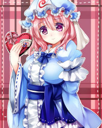 Rule 34 | 1girl, arm garter, blue bow, blue bowtie, blush, bow, bowtie, breasts, candy, chocolate, chocolate heart, closed mouth, food, frills, gift, hair between eyes, hat, heart, japanese clothes, kimono, large breasts, long sleeves, looking at viewer, mob cap, nagare, pink hair, purple eyes, saigyouji yuyuko, sash, smile, solo, touhou, triangular headpiece, upper body, valentine, wide sleeves