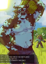 Rule 34 | 1boy, 1girl, abs, absurdres, alex (minecraft), angry, animal ears, bara, belly, carrying over shoulder, character request, chat log, cow boy, cow ears, cow horns, cow tail, denim, eye contact, furry, furry male, highres, horns, huge eyebrows, implied yaoi, jeans, jitome, large pectorals, looking at another, looking at viewer, makota toh, male focus, mature male, minecraft, mouth hold, muscular, muscular male, pants, pectorals, personification, perspective, short hair, shouting, solo focus, stalk in mouth, steve (minecraft), stomach, tail, thick navel hair, topless male