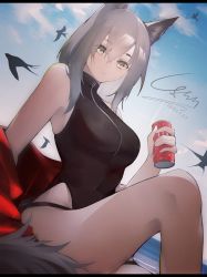 Rule 34 | 1girl, animal ears, arknights, highres, lezhu, one-piece swimsuit, projekt red (arknights), swimsuit, tail, thighs, wolf ears, wolf tail