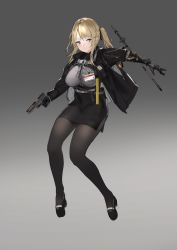 Rule 34 | 1girl, absurdres, bad id, bad twitter id, blonde hair, blue eyes, breasts, coat, commentary, frown, gradient background, grey background, gun, handgun, high heels, highres, large breasts, long hair, looking to the side, mole, mole under eye, original, pantyhose, pistol, prosthesis, prosthetic arm, renatus.z, skirt, solo, twintails, weapon