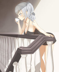 Rule 34 | 10s, 1girl, babydoll, bare shoulders, blue eyes, blush, breast press, breast rest, breasts, cleavage, cup, drinking, highres, indoors, kantai collection, kashima (kancolle), large breasts, leaning forward, lingerie, long hair, railing, sidelocks, silver hair, solo, stairs, standing, strap gap, teacup, throtem, tsurime, twintails, underwear, wavy hair
