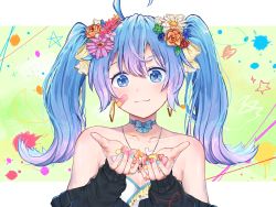 Rule 34 | 1girl, absurdres, ai kotoba iii (vocaloid), alternate hair length, alternate hairstyle, bandaid, bandaid on face, blue eyes, blue hair, bow, candy, flower, food, hair bow, hair flower, hair ornament, hatsune miku, highres, holding, holding candy, holding food, looking at viewer, solo, twintails, vocaloid, yellow bow, yuzuha wasa