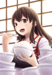 Rule 34 | 10s, 1girl, akagi (kancolle), anchor symbol, bad id, bad pixiv id, blurry, blush, bowl, brown eyes, brown hair, chopsticks, commentary request, depth of field, eyelashes, fingernails, food, food in mouth, food on face, highres, holding, holding bowl, indoors, japanese clothes, kantai collection, kimono, long sleeves, looking at viewer, muneate, papi (papiron100), red ribbon, ribbon, rice, rice bowl, sidelocks, solo, tareme, teeth, upper teeth only, white kimono