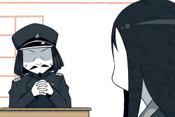Rule 34 | 10s, 1boy, 1girl, abyssal admiral (kancolle), abyssal ship, admiral (kancolle), admiral suwabe, black hair, colored skin, comic, desk, facial hair, goatee, dreadlocks, own hands clasped, hat, k-suwabe, kantai collection, mustache, own hands together, ru-class battleship, shaded face, simple background, striped, striped background, sweat, sweatdrop, uniform, white skin