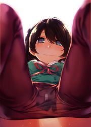 Rule 34 | 1girl, akagi asahito, blush, breasts, brown hair, clothes pull, green eyes, grin, highres, long hair, looking at viewer, no panties, one side up, out-of-frame censoring, pantyhose, pantyhose pull, simple background, sitting, small breasts, smile, solo, sweat, tamasaka makoto, tokyo 7th sisters, very long hair