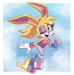 Rule 34 | 1girl, angiethecat, animal ears, blonde hair, blue sky, border, bunnie rabbot, cloud, day, flying, full body, furry, furry female, gloves, green eyes, highres, leotard, mechanical arms, one eye closed, open mouth, pink leotard, ponytail, rabbit ears, signature, single glove, single mechanical arm, sky, solo, sonic (series), strapless, strapless leotard, teeth, upper teeth only, white border, white gloves