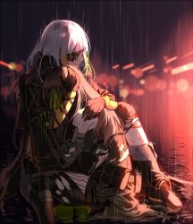 Rule 34 | 2girls, arm strap, armband, armor, bad id, bad twitter id, blonde hair, blurry, blurry background, boots, braid, brown hair, clothes around waist, crying, damaged, eyepatch, girls&#039; frontline, gloves, green hair, hand on another&#039;s arm, head hug, jacket, jacket around waist, knee boots, knee pads, lights, long hair, m16a1 (boss) (girls&#039; frontline), m16a1 (girls&#039; frontline), m4a1 (girls&#039; frontline), m4a1 (mod3) (girls&#039; frontline), mod3 (girls&#039; frontline), multicolored hair, multiple girls, night, parted lips, pouch, rain, ripples, scar, scar across eye, scar on face, scarf, silence girl, sitting, spoilers, streaked hair, thigh strap, thighhighs, torn clothes, wet, white hair