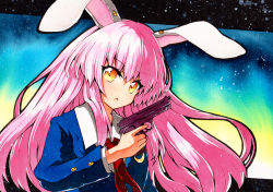Rule 34 | 1girl, animal ears, bad id, bad pixiv id, black border, blue background, blue jacket, border, buttons, collar, crescent, gun, hair between eyes, hand up, jacket, long hair, looking at viewer, multicolored background, multicolored eyes, necktie, open mouth, orange eyes, pink hair, qqqrinkappp, rabbit ears, red necktie, reisen udongein inaba, shirt, solo, touhou, traditional media, weapon, white collar, white shirt, yellow background, yellow eyes