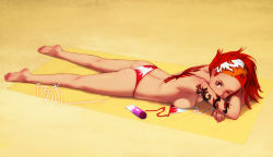 Rule 34 | 1girl, ass, barefoot, beach, bikini, breasts, feet, feguimel, gradient background, looking at viewer, lying, on stomach, original, red eyes, red hair, short hair, soles, solo, swimsuit, tattoo, toes, watermark, web address