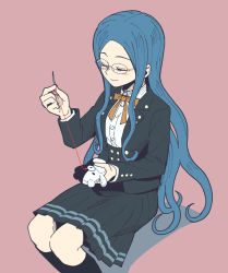 Rule 34 | 1girl, between fingers, black jacket, black skirt, black socks, blue hair, blush stickers, buttons, closed eyes, collared shirt, commentary request, danganronpa (series), danganronpa v3: killing harmony, double-breasted, dress shirt, feet out of frame, glasses, holding, holding needle, invisible chair, jacket, kneehighs, long hair, monokuma, namu (nurui cha), neck ribbon, needle, pink background, pleated skirt, ribbon, sewing, sewing needle, shirogane tsumugi, shirt, simple background, sitting, skirt, smile, socks, solo, stuffed animal, stuffed toy, teddy bear