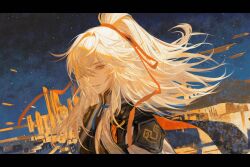 Rule 34 | 1boy, blonde hair, calendulamew, chinese commentary, city, commentary request, crossed bangs, floating hair, from side, hair over one eye, hair ribbon, high ponytail, highres, honkai: star rail, honkai (series), jing yuan, letterboxed, long hair, looking at viewer, male focus, mandarin collar, mole, mole under eye, night, night sky, one eye covered, orange ribbon, outdoors, parted lips, ponytail, portrait, ribbon, sky, smile, solo, star (sky), starry sky, yellow eyes
