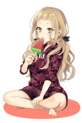 Rule 34 | 1girl, bad id, bad pixiv id, bare legs, barefoot, black bow, blonde hair, blunt bangs, blush, bow, eating, food, full body, hair bow, hand on own leg, highres, holding, holding food, ice cream, indian style, keyhole, lock, long hair, long sleeves, looking at viewer, padlock, red riding hood (sinoalice), simple background, sinoalice, sitting, sleeves rolled up, solo, sweets, wavy hair, white background, yellow eyes, yuna726