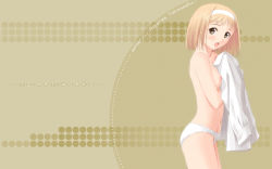 Rule 34 | 00s, 1girl, :o, after (game), blonde hair, blush, breasts, brown eyes, dress shirt, flat chest, from side, hairband, highres, open mouth, panties, panties only, petite, shirt, unworn shirt, short hair, solo, takawashi nagisa, tony taka, topless, underwear, underwear only, undressing, wallpaper, white panties