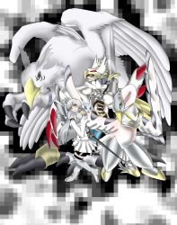 Rule 34 | 1boy, 1girl, belt, belt pouch, bird, bird wings, blue eyes, boots, bow, creature, cropped jacket, digimon, digimon (creature), dress, earrings, evolution, green eyes, high collar, high heel boots, high heels, highres, hippogriffomon, jewelry, kudamon (digimon savers), lace, lace-trimmed skirt, lace trim, long hair, long sleeves, magic circle, mainkore, myrtenaster, necklace, pendant, petticoat, ponytail, pouch, rapier, ribbon, rwby, scar, scar across eye, scar on face, side ponytail, skirt, strapless, strapless dress, swanmon, sword, tiara, valkyrimon, weapon, weiss schnee, white dress, white footwear, white hair, wide sleeves, wings