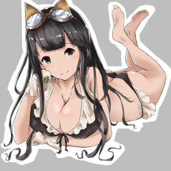 Rule 34 | 10s, 1girl, animal ears, ass, bikini, black bikini, black eyes, black hair, breasts, butt crack, cleavage, covered erect nipples, female focus, front-tie top, gloves, goggles, goggles on head, granblue fantasy, highres, jessica (granblue fantasy), large breasts, long hair, looking at viewer, lying, minikon, on stomach, simple background, smile, solo, swimsuit, white gloves