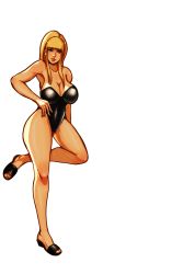 Rule 34 | 1girl, asymmetrical hair, bare legs, bare shoulders, black choker, black footwear, black leotard, blonde hair, blue eyes, blunt bangs, breasts, choker, cleavage, collarbone, darji, eyebrows, eyelashes, hand on own hip, highres, kolin, large breasts, leotard, lips, parted lips, side ponytail, simple background, solo, standing, street fighter, street fighter v, thick thighs, thighs, white background