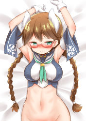 Rule 34 | 1girl, animal ears, armpits, arms up, azur lane, bad id, bad pixiv id, between breasts, blush, bottomless, braid, breasts, brown hair, crop top, detached sleeves, glasses, gloves, kako (azur lane), long hair, looking at viewer, lying, medium breasts, navel, nose blush, omochi66v2, on back, out-of-frame censoring, red-framed eyewear, sailor collar, semi-rimless eyewear, solo, stomach, under-rim eyewear, white gloves
