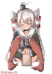 Rule 34 | 1girl, ;), amatsukaze (kancolle), asymmetrical bangs, black hairband, black panties, black shirt, body exploration, brown eyes, closed mouth, clothing cutout, collarbone, ebifurya, full body, hair tubes, hairband, highres, kantai collection, knees up, long hair, long sleeves, looking down, mirror, navel cutout, no shoes, one eye closed, panties, panty pull, red thighhighs, sailor collar, shirt, silver hair, simple background, sitting, smile, smoke, smokestack, solo, thighhighs, twitter username, two side up, underwear, very long hair, white background, white sailor collar