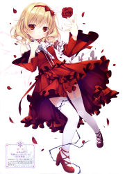 Rule 34 | 1girl, :o, absurdres, blonde hair, blush, chikotam, copyright name, dagger, detached sleeves, dress, flower, frilled dress, frilled sleeves, frills, full body, garter straps, genwaku no divine doll, hair ribbon, hairband, hand up, high heels, highres, holding, holding dagger, holding knife, holding weapon, knees together feet apart, knife, lace, lace-trimmed legwear, lace-trimmed sleeves, lace trim, long sleeves, medium hair, official art, orange eyes, parted lips, petals, pinky out, red dress, red flower, red footwear, red ribbon, red rose, ribbon, rose, rose petals, scan, shoes, shuma (genwaku no divine doll), simple background, solo, thighhighs, thorns, translation request, wavy hair, weapon, white background, white thighhighs, white wings, wings