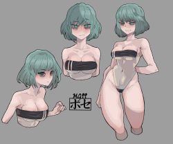 Rule 34 | 1girl, absurdres, arm behind back, bare shoulders, covered navel, cropped legs, cropped torso, green eyes, green hair, gris swimsuit, hand up, highres, looking at viewer, meme attire, mg991998, multiple views, one-piece swimsuit, original, see-through, see-through swimsuit, short hair, swimsuit