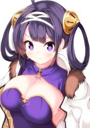 Rule 34 | 1girl, ahoge, azur lane, blush, breasts, china dress, chinese clothes, cleavage, cleavage cutout, closed mouth, clothing cutout, commentary request, dress, fur-trimmed jacket, fur trim, hair intakes, hair rings, hairband, hairpods, hidaka0503, jacket, large breasts, long hair, looking at viewer, ning hai (azur lane), open clothes, open jacket, purple dress, purple eyes, purple hair, sidelocks, simple background, smile, solo, v-shaped eyebrows, white background, white hairband, white jacket