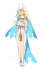 Rule 34 | 1girl, :d, bare shoulders, blonde hair, blush, boots, breasts, detached sleeves, dress, full body, genshin impact, groin, hair between eyes, highres, litsvn, long hair, long sleeves, lumine (genshin impact), medium breasts, open mouth, orange eyes, pelvic curtain, signature, simple background, smile, solo, standing, veil, white background, white dress, white footwear, white sleeves