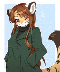 Rule 34 | 1girl, absurdres, animal ears, black sweater, blush, border, brown eyes, brown hair, buttons, coat, double-breasted, female focus, furry, furry female, green coat, hands in pockets, highres, long hair, looking at viewer, nachiwanko, one eye closed, original, outside border, smile, solo, star (symbol), sweater, tail, tiger ears, tiger tail, turtleneck, turtleneck sweater, twitter username, white border