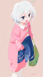Rule 34 | 1girl, :d, absurdres, bag, blue eyes, dress, from side, hair between eyes, highres, holding, holding bag, holding clothes, konno junko, long sleeves, looking at viewer, looking to the side, medium hair, open mouth, pantyhose, pink dress, ryusei hashida, smile, solo, standing, white hair, white pantyhose, zombie land saga