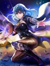 Rule 34 | 1girl, armor, blue eyes, blue hair, boots, brown pantyhose, byleth (female) (fire emblem), byleth (fire emblem), cleavage cutout, closed mouth, clothing cutout, fire emblem, fire emblem: three houses, full body, hair between eyes, high heel boots, high heels, holding, holding sword, holding weapon, kokouno oyazi, lace, lace-trimmed legwear, lace trim, navel, navel cutout, nintendo, on one knee, pantyhose, pantyhose under shorts, short shorts, shorts, solo, sword, weapon