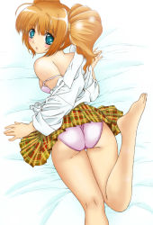 Rule 34 | 1girl, ass, bare shoulders, barefoot, blue eyes, blush, bra, breasts, brown hair, female focus, highres, idolmaster, idolmaster (classic), kou-yayoi, long hair, looking at viewer, looking back, open mouth, panties, pantyshot, parted lips, pink panties, scrunchie, sideboob, skirt, small breasts, solo, takatsuki yayoi, twintails, underwear, upskirt