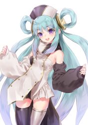 Rule 34 | 1girl, :d, absurdres, aqua hair, asymmetrical clothes, cropped legs, detached sleeves, dress, hair ornament, hair rings, headdress, highres, kishida mel, long hair, looking at viewer, multicolored clothes, multicolored dress, open mouth, original, purple eyes, purple thighhighs, smile, standing, tanding, thighhighs, twintails, very long hair, waist cape, white background, white thighhighs