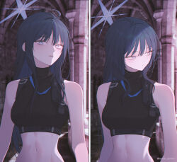 Rule 34 | 1girl, bare shoulders, blue archive, blue hair, breasts, buckle, closed mouth, comic, crop top, grey eyes, halo, harlow garden, highres, long hair, looking at viewer, looking away, looking to the side, midriff, navel, parted lips, pouch, saori (blue archive), small breasts, snap-fit buckle, turtleneck, twitter username, upper body