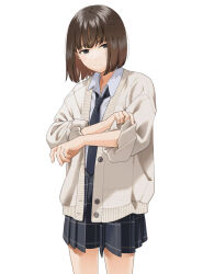 1girl black_necktie black_skirt bob_cut brown_cardigan brown_eyes brown_hair cardigan closed_mouth commentary cowboy_shot dress_shirt mattaku_mousuke necktie open_cardigan open_clothes original pleated_skirt rolling_sleeves_up school_uniform shirt short_hair simple_background skirt solo white_background white_shirt