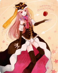 Rule 34 | 10s, 1girl, apple, bare shoulders, black thighhighs, boots, brown hair, copyright name, female focus, food, fruit, hat, leotard, long hair, mawaru penguindrum, mikanniro, princess of the crystal, red eyes, solo, takakura himari, thigh boots, thighhighs