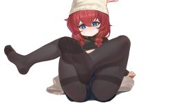 Rule 34 | 1girl, beanie, black pantyhose, black shorts, blue archive, blue eyes, blush, braid, breasts, closed mouth, dokomon, full body, hair between eyes, halo, hat, highres, long hair, maki (blue archive), maki (camp) (blue archive), no shoes, official alternate costume, pantyhose, red hair, red halo, shorts, simple background, small breasts, soles, solo, toes, twin braids, white background, white hat