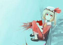 Rule 34 | 1girl, adapted costume, blonde hair, blood, blouse, female focus, flandre scarlet, frilled shirt, frills, from side, full body, hat, kaito (k4itoh), mob cap, red eyes, red shirt, shirt, sitting, solo, touhou, white hat