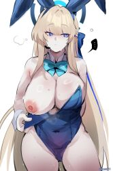Rule 34 | 1girl, absurdres, animal ears, bare shoulders, blonde hair, blue archive, blue eyes, blue leotard, blush, breasts, detached collar, earpiece, fake animal ears, halo, highleg, highleg leotard, highres, kurenaiz (kuayrenaiz), large breasts, leotard, long hair, looking to the side, nipples, playboy bunny, rabbit ears, solo, thighs, toki (blue archive), toki (bunny) (blue archive), wrist cuffs