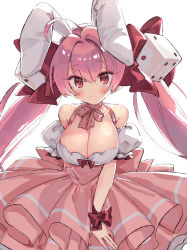 Rule 34 | 1girl, :3, ahoge, animal ears, bare shoulders, blush, bow, breasts, choker, cleavage, di gi charat, dice, dice hair ornament, dress, frilled dress, frills, hair bow, hair ornament, hiyo moo, large breasts, long hair, pink dress, pink hair, rabbit ears, red eyes, ribbon, ribbon choker, simple background, solo, twintails, usada hikaru, white background