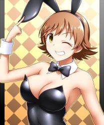Rule 34 | 10s, 1girl, animal ears, bare arms, bare shoulders, blush, bow, bowtie, breasts, brown hair, checkered background, cleavage, clenched teeth, detached collar, fake animal ears, female focus, grin, honda mio, idolmaster, idolmaster cinderella girls, large breasts, looking at viewer, neck, one eye closed, pantyhose, pataneet, playboy bunny, rabbit ears, short hair, smile, solo, strapless, teeth, upper body, wink, wrist cuffs, yellow eyes