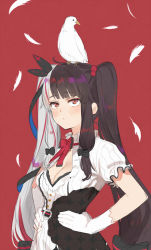 Rule 34 | 1girl, animal, animal on head, bird, bird on head, black bow, black hair, black ribbon, blush, bow, breasts, cleavage, cleavage cutout, clothing cutout, dress, feathers, gloves, grey hair, hair bobbles, hair bow, hair ornament, hair ribbon, hands on own hips, highres, isshiki (ffmania7), long hair, medium breasts, multicolored hair, nijisanji, on head, puffy short sleeves, puffy sleeves, red background, red bow, red eyes, ribbon, short sleeves, sidelocks, simple background, solo, split-color hair, twintails, two-tone hair, upper body, very long hair, virtual youtuber, white dress, white feathers, white gloves, yorumi rena, yorumi rena (1st costume)