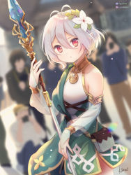 Rule 34 | 1girl, :o, antenna hair, armlet, bare shoulders, blurry, blush, bracelet, breasts, bridal gauntlets, comiket, cosplay, cowboy shot, depth of field, detached sleeves, dress, elf, faceless, flower, gem, hair between eyes, hair flower, hair ornament, hand up, highres, holding, holding staff, jewelry, kamui (kamuikaoru), kokkoro (princess connect!), kokkoro (princess connect!) (cosplay), light particles, looking at viewer, pink eyes, pointy ears, pouch, princess connect!, princess connect!, red eyes, see-through, short hair, silver hair, solo focus, staff, taking picture, white flower