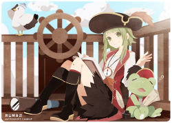 Rule 34 | 1girl, bicorne, bird, black footwear, black hat, blouse, book, boots, cloud, compass, day, feathers, frog, green eyes, green hair, gumi, hat, hat feather, ink, kneehighs, knees together feet apart, matching hair/eyes, miniskirt, pen, pirate hat, quill, red hat, red socks, seagull, shirt, shoes, sitting, skirt, sky, sleepy, socks, solo, song name, spyglass, tama (songe), vocaloid, wheel, white shirt
