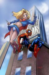 Rule 34 | 1boy, 1girl, abs, blonde hair, blue bodysuit, blue eyes, blue shirt, blue skirt, bodysuit, boots, building, cape, city, cloud, crossover, dc comics, flying, from below, full body, impossible clothes, impossible shirt, kryptonian, long hair, marvel, mask, midriff, miniskirt, muscular, outdoors, panties, pantyshot, pantyshot (floating), red cape, red footwear, s shield, shirt, sign, silk, skin tight, skirt, sky, skyscraper, spider-man, spider-man (series), spider web, supergirl, superman (series), underwear, white panties